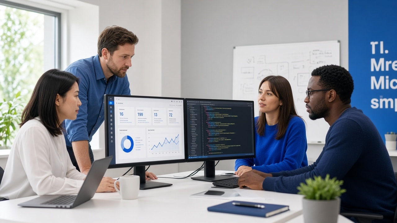 Custom software development team collaborating on digital products