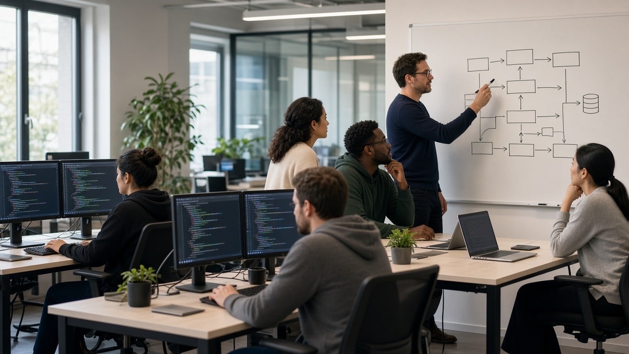 Development team collaborating with augmented software engineers